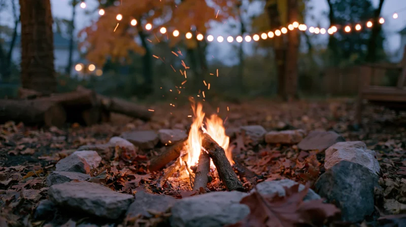 Small campfire burning in a stone ring on a leaf-covered ground at twilight with string lights above