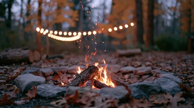Small campfire burning in a stone ring on a leaf-covered ground in a forest at twilight with string lights in the background