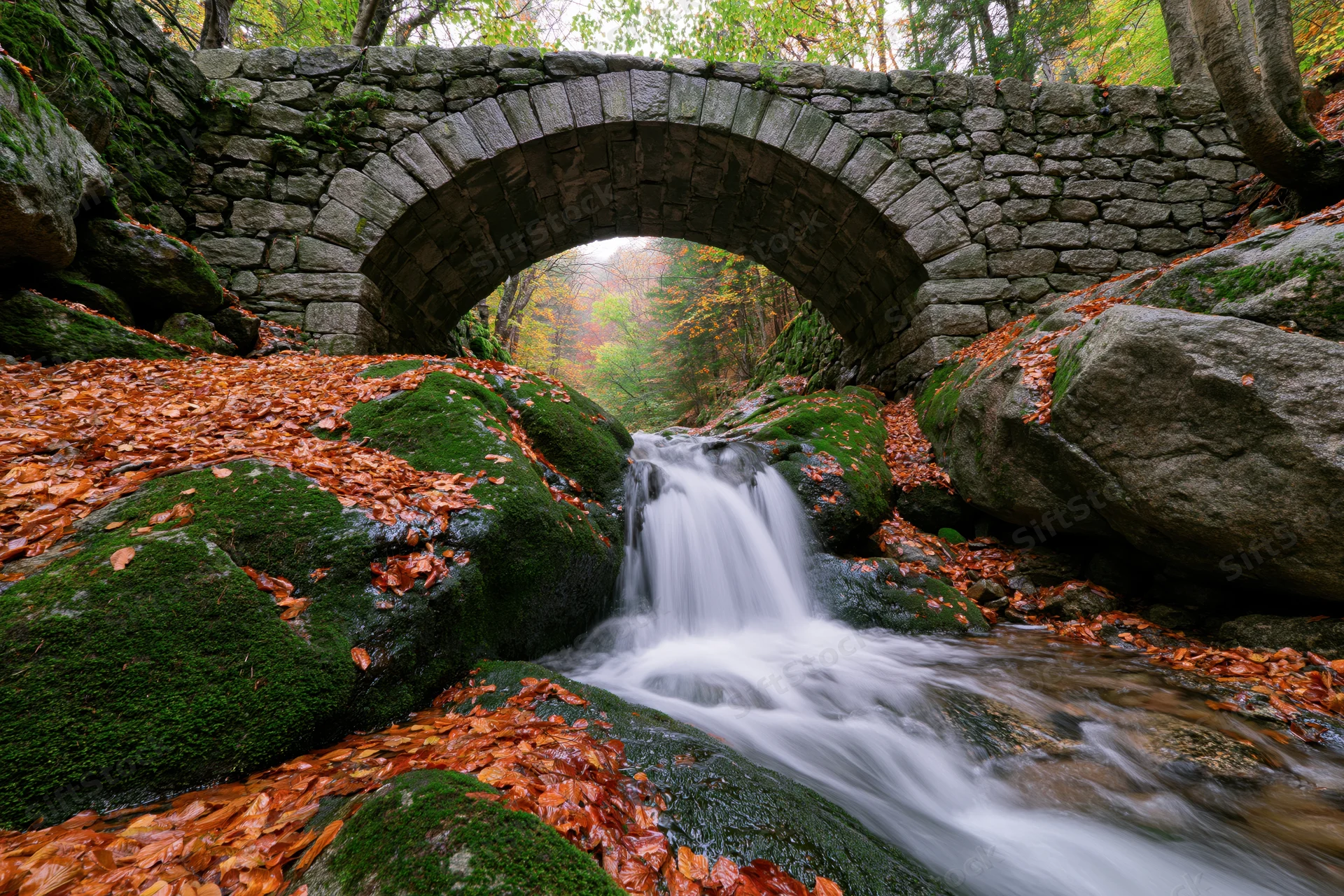 Small cascading waterfall flows over mossy rocks beneath a stone arch bridge in autumn forest