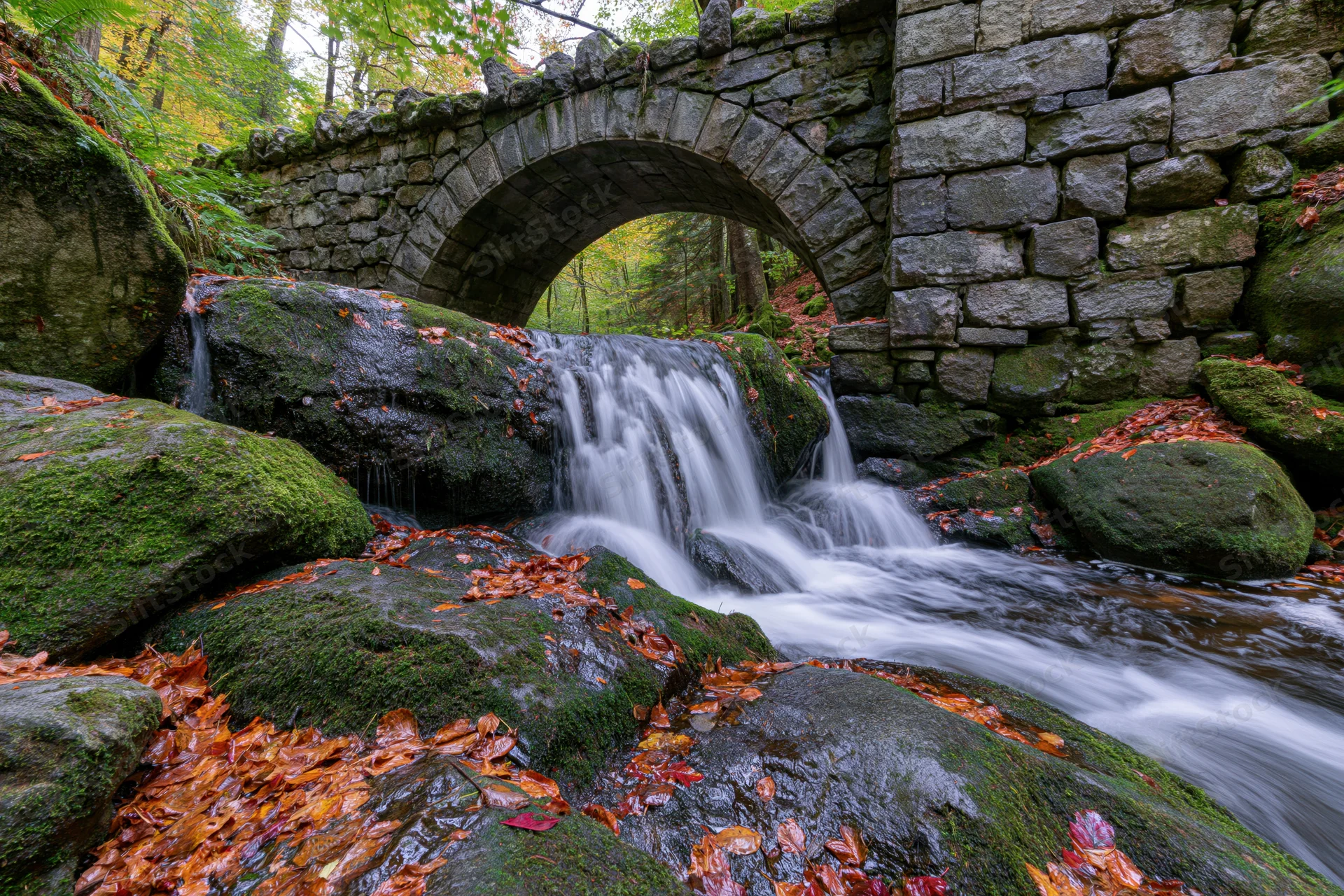 Small cascading waterfall flows over mossy rocks beneath a stone arch bridge in a forest during autumn