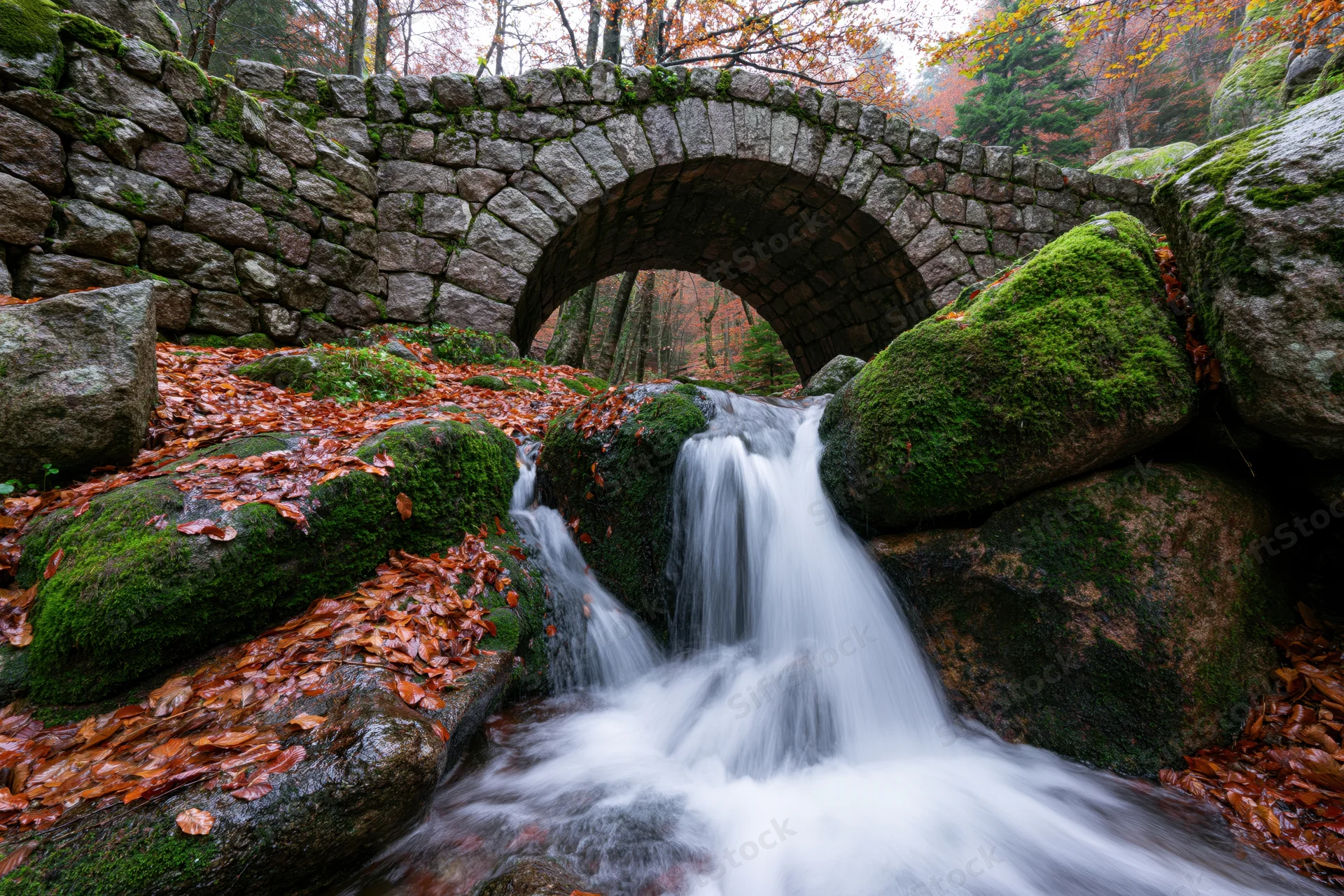 Small cascading waterfall flows over mossy rocks beneath a stone arch bridge in an autumn forest