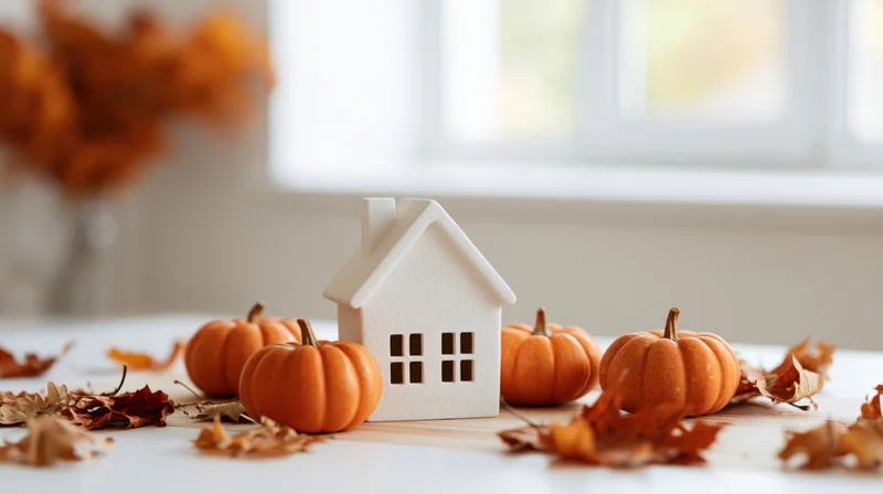 White ceramic house figurine surrounded by small pumpkins and autumn leaves on a wooden table near a window
