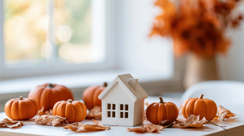 White ceramic house figurine surrounded by pumpkins and autumn leaves on a table near a window