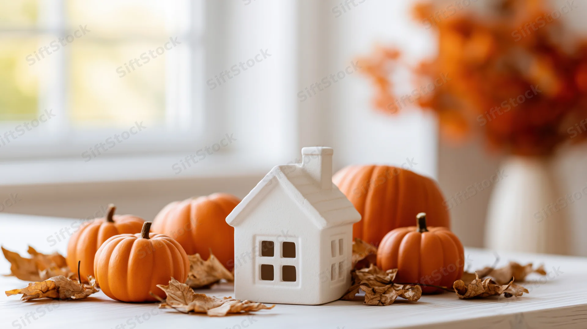White ceramic house figurine surrounded by small pumpkins and dried leaves on a wooden table near a window