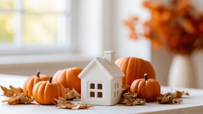 White ceramic house figurine surrounded by small pumpkins and dried leaves on a wooden table near a window