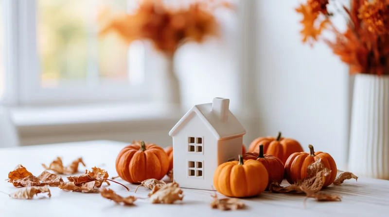 White ceramic house figurine surrounded by small pumpkins and dried leaves on a table near a window