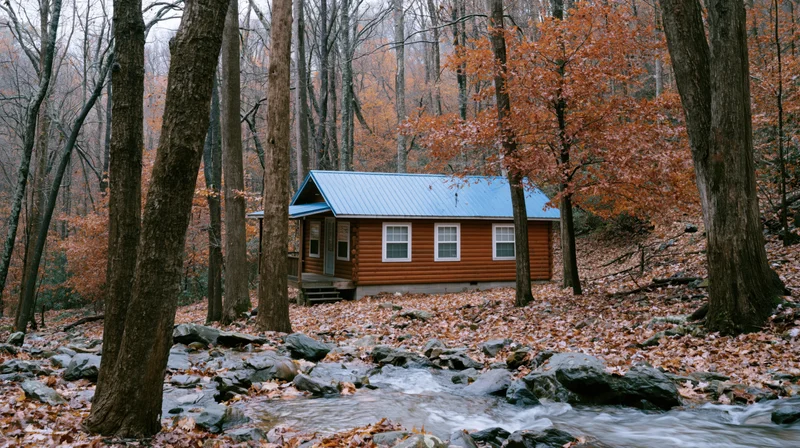 Small wooden cabin with blue metal roof nestled among trees beside a flowing stream in autumn forest