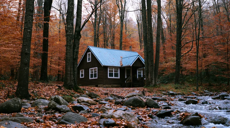 Small dark-brown wooden cabin with blue metal roof nestled among autumn trees beside a rocky stream