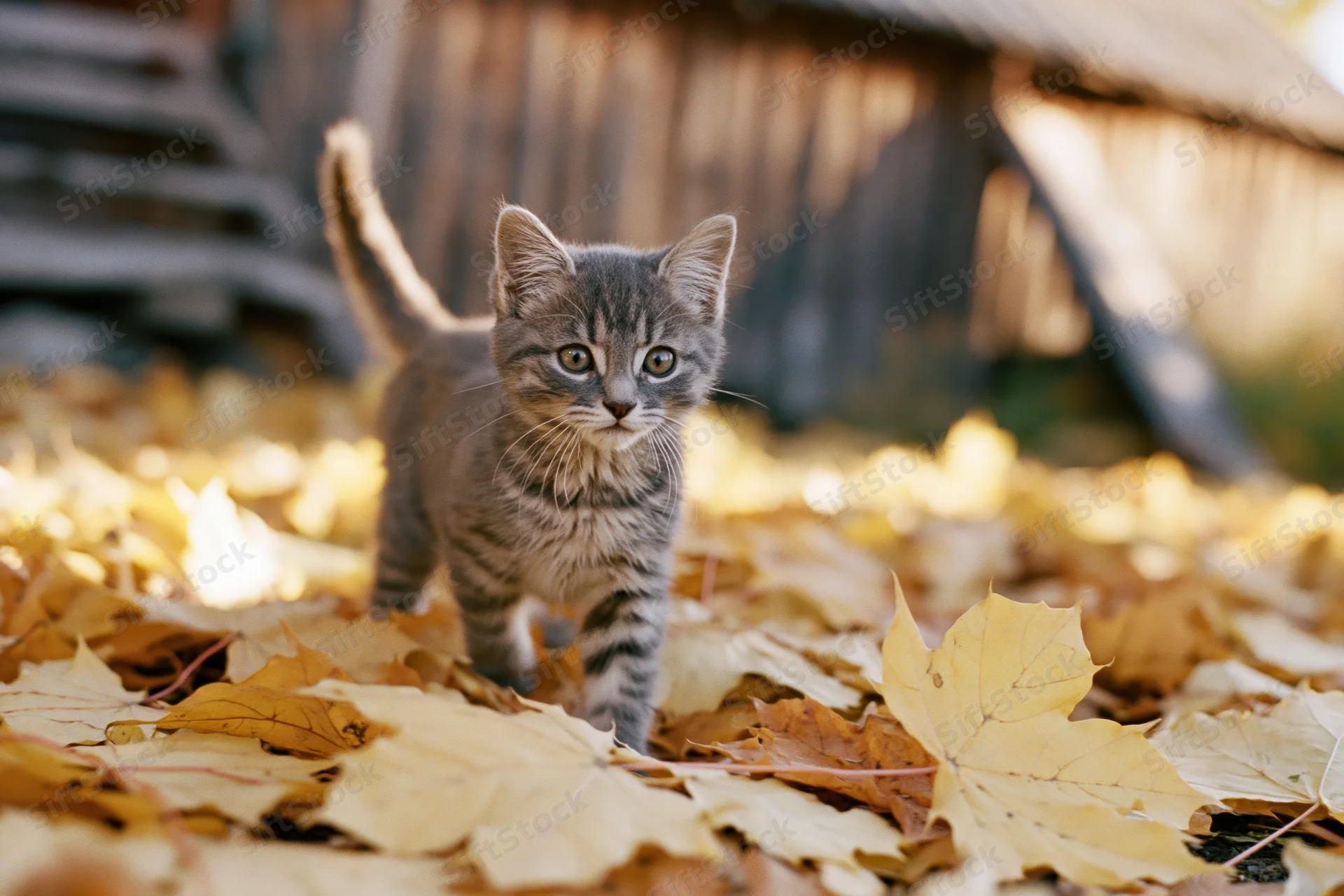 Small grey tabby kitten standing alert among fallen autumn leaves in a backyard garden