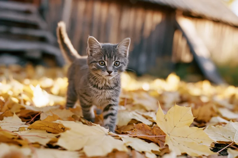 Small grey tabby kitten standing alert among fallen autumn leaves in a backyard garden