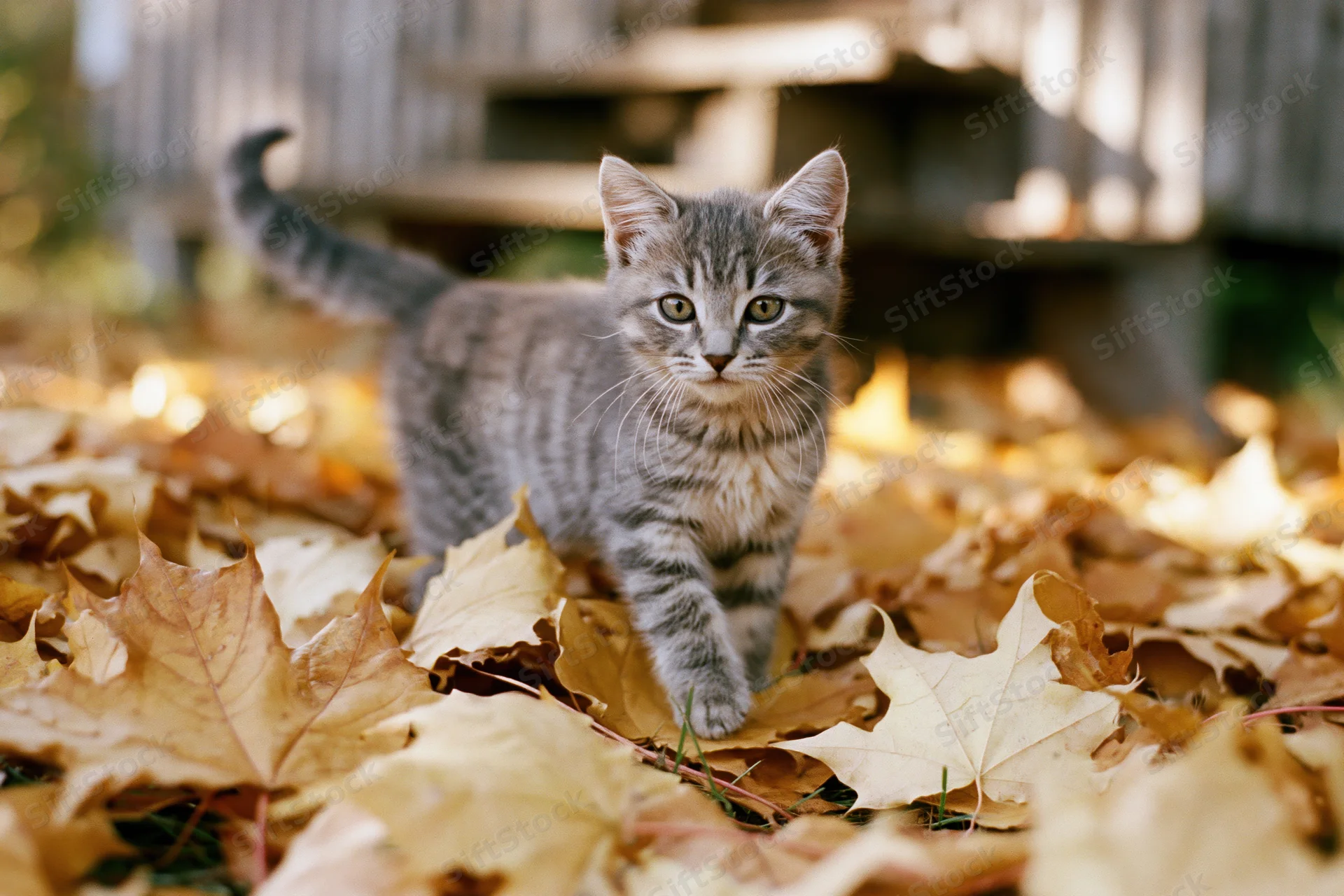 Grey tabby kitten standing alert among fallen autumn leaves in a garden