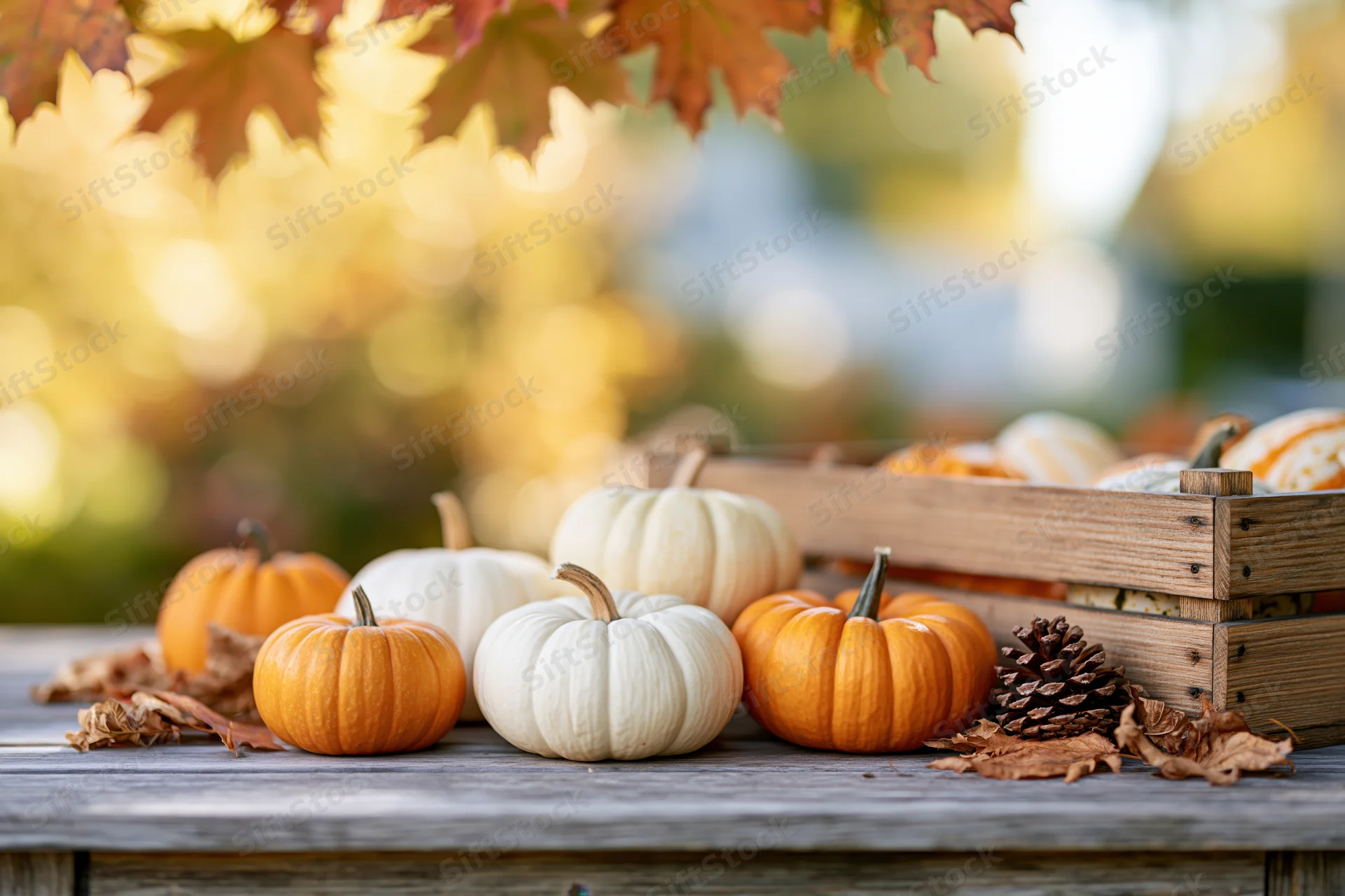 Small orange and white pumpkins arranged on a weathered wooden table with autumn leaves and pinecones
