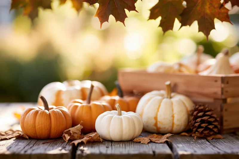 Small orange and white pumpkins arranged on a weathered wooden table with autumn leaves and pinecones