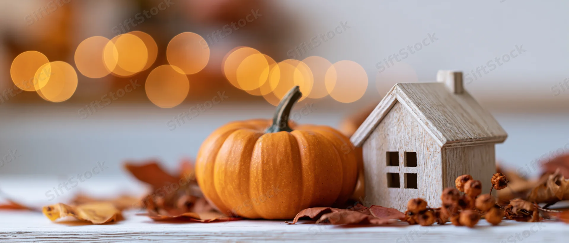 Small orange pumpkin and wooden house figurine on a tabletop with autumn leaves and bokeh lights in the background