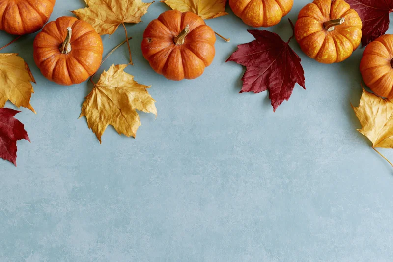Small orange pumpkins and dried maple leaves arranged in a border on a blue surface with copyspace