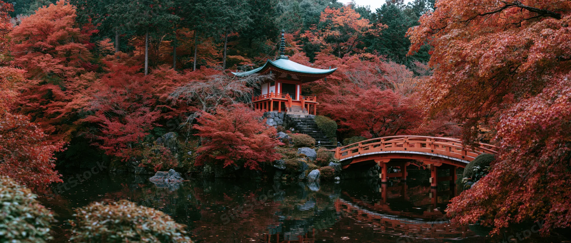 Small red japanese pagoda with green copper roof nestled among autumn maple trees beside a pond with a wooden bridge and reflections