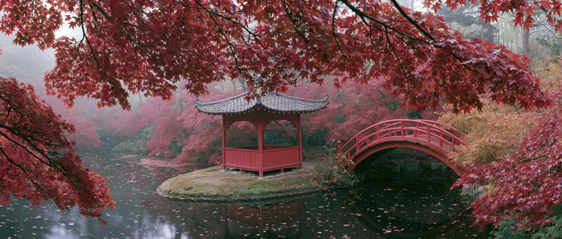 Red japanese pavilion on small island in pond surrounded by autumn maple trees with arched bridge nearby