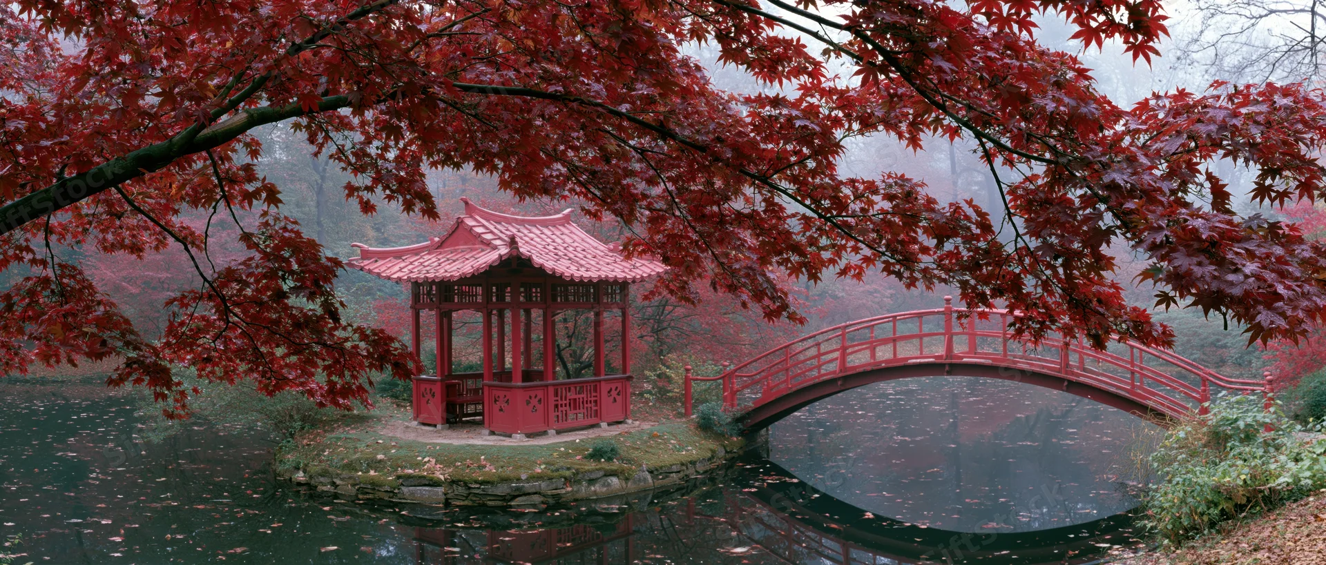 Red japanese pavilion with curved roof on small island connected by arched bridge over pond surrounded by autumn maple trees
