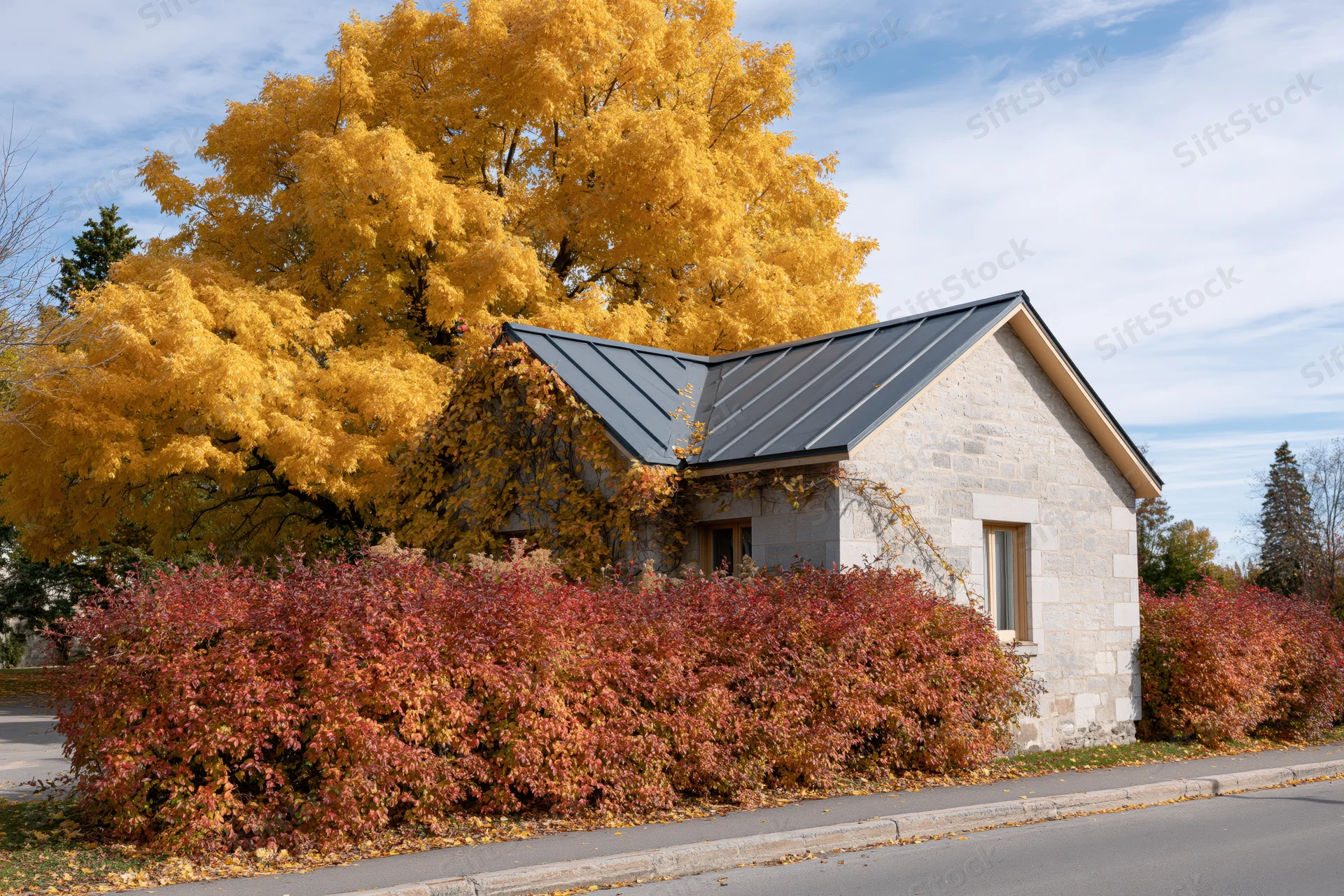 Stone cottage with ivy-covered walls and slate roof surrounded by autumn foliage and red bushes along a street