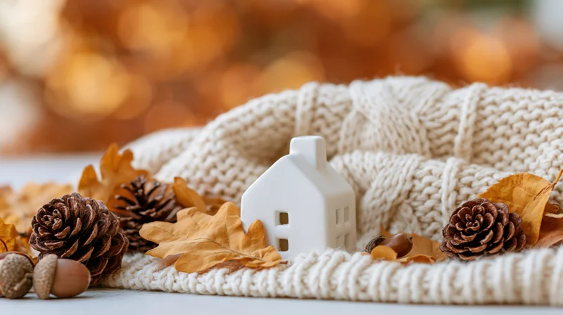 Small white ceramic house figurine nestled among autumn leaves and pinecones on a cream knit sweater