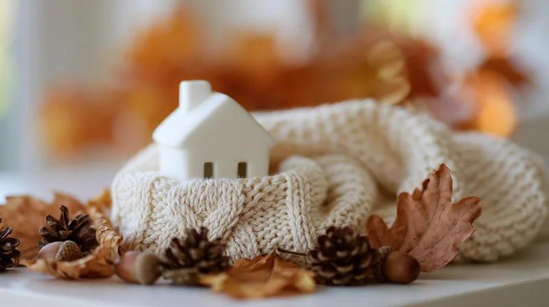 Small white ceramic house figurine nestled in cream knit sweater surrounded by autumn leaves and pinecones