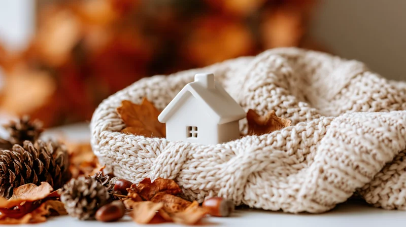 Small white ceramic house figurine nestled in cream knit sweater surrounded by autumn leaves and pinecones