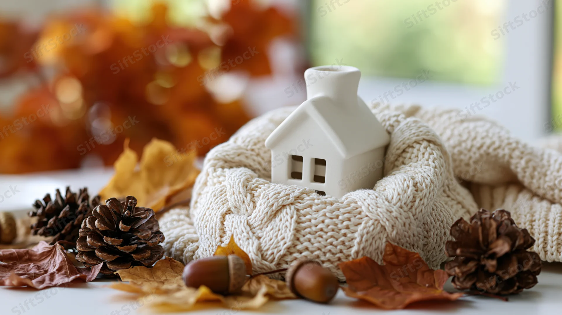 Small white ceramic house figurine nestled in cream knit sweater surrounded by pinecones and autumn leaves near window