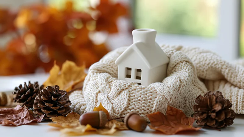 Small white ceramic house figurine nestled in cream knit sweater surrounded by pinecones and autumn leaves near window