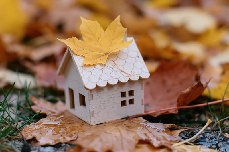 Small wooden miniature house with a yellow maple leaf on its roof among fallen autumn leaves on damp grass