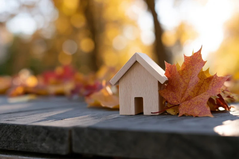 Small wooden house figurine on dark weathered wooden deck surrounded by autumn maple leaves