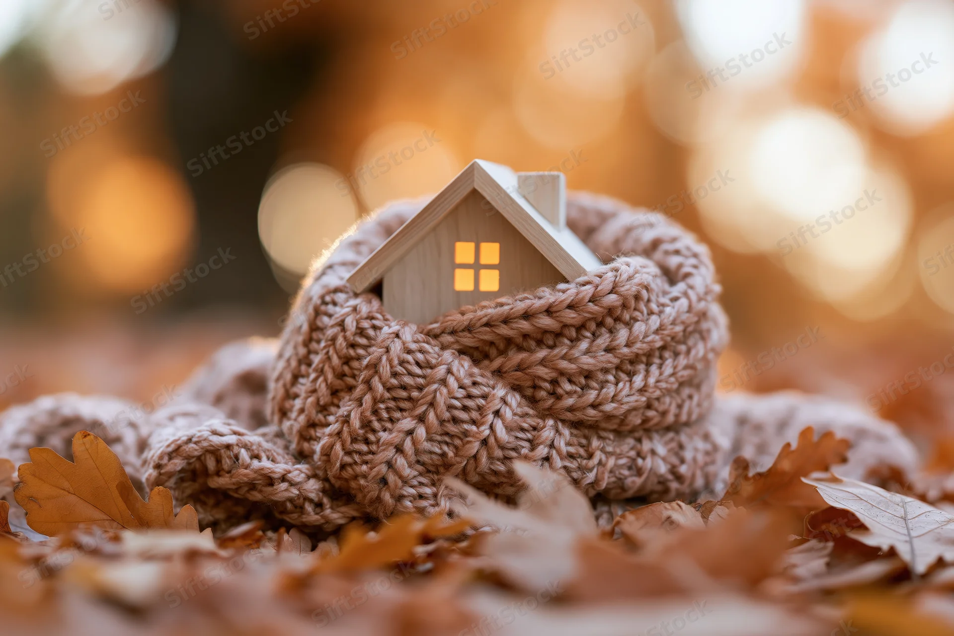 Small wooden house wrapped in knitted scarf among autumn leaves