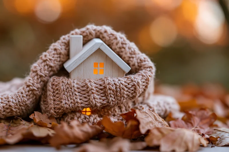Small wooden house with glowing windows wrapped in a knitted scarf among autumn leaves