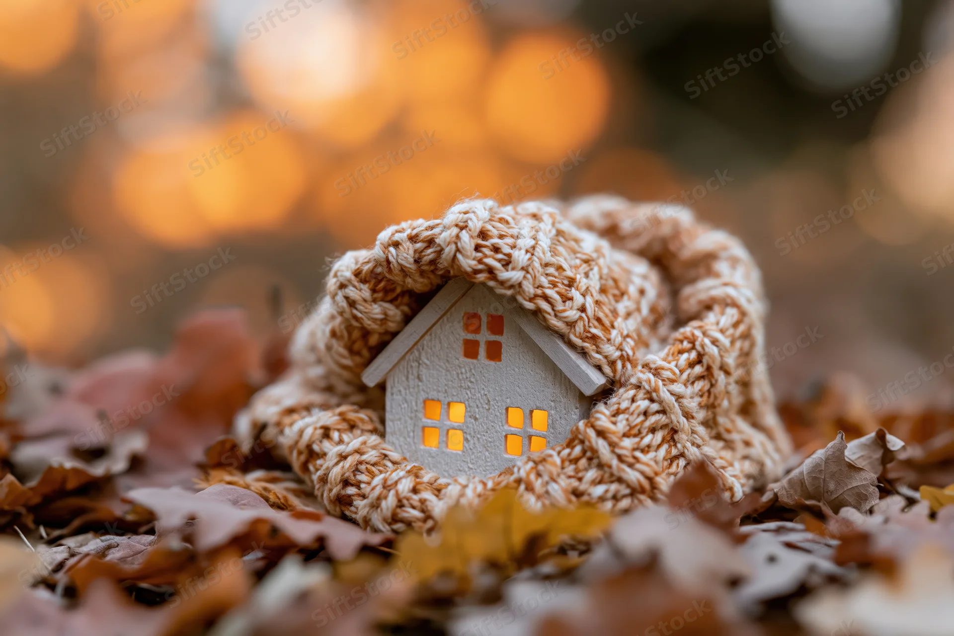 Small wooden house with glowing amber windows wrapped in a knitted scarf among autumn leaves
