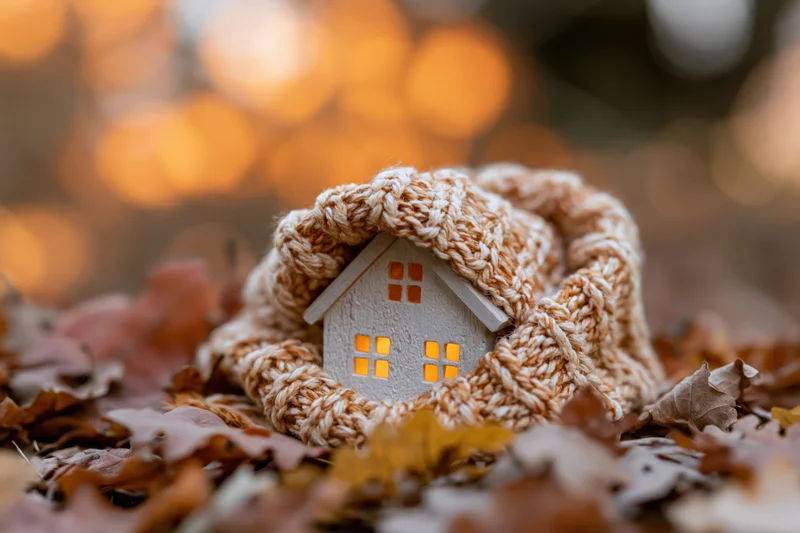 Small wooden house with glowing amber windows wrapped in a knitted scarf among autumn leaves
