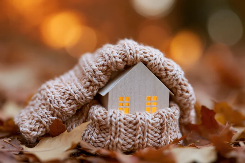 Small wooden house wrapped in knitted scarf among autumn leaves with glowing windows