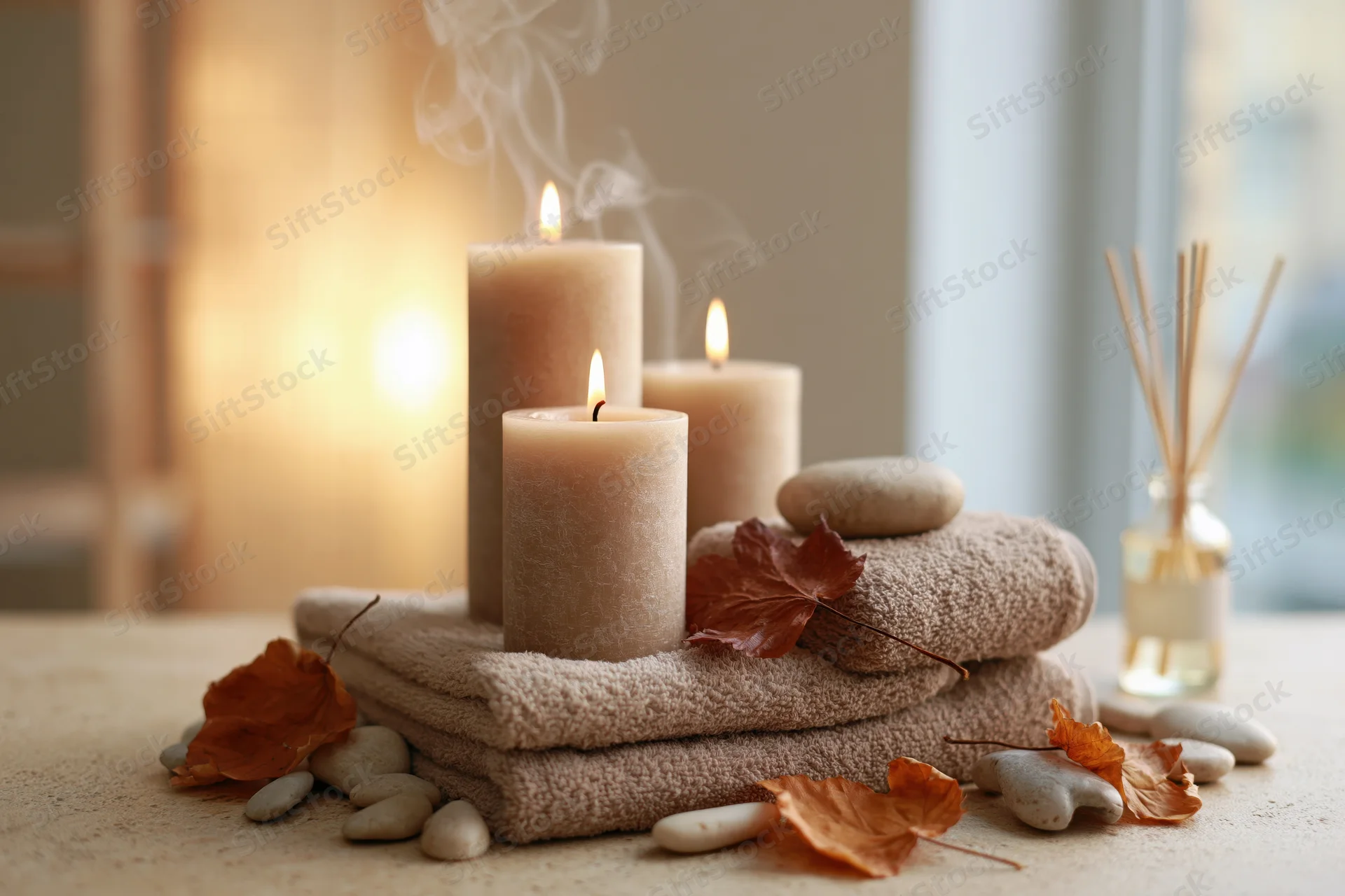 Folded beige towel with lit candles, autumn leaves and stones on a neutral surface