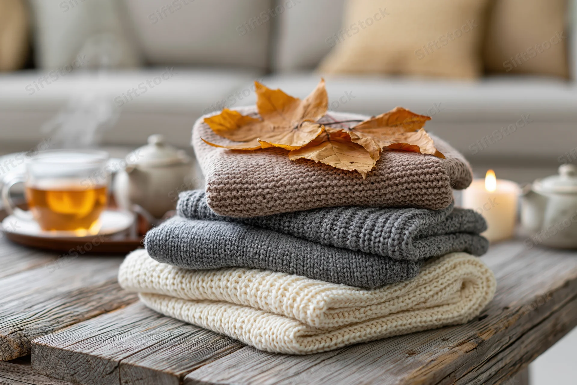 Stack of folded knit sweaters in neutral tones on a wooden table with dried leaves, tea, and a lit candle in a cozy living room