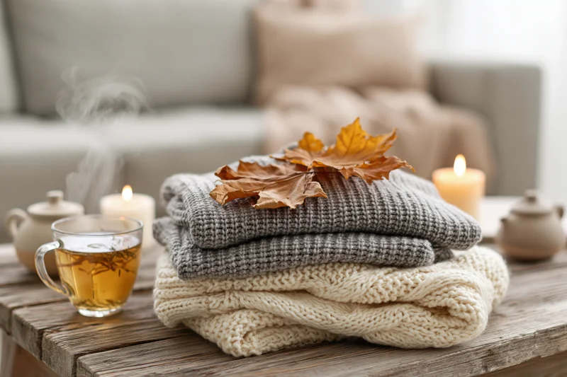 Stack of folded knit sweaters with autumn leaves and steaming tea on wooden table in living room