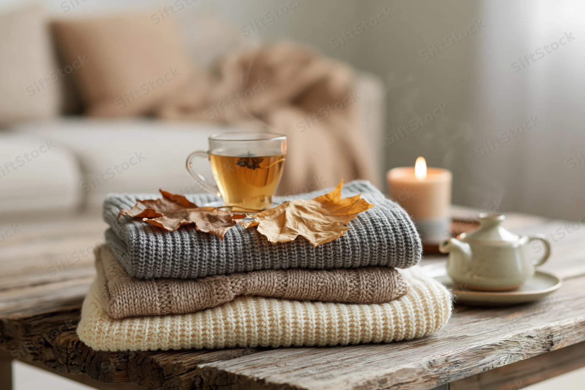 Stack of folded knit sweaters with tea cup and lit candle on wooden table in living room