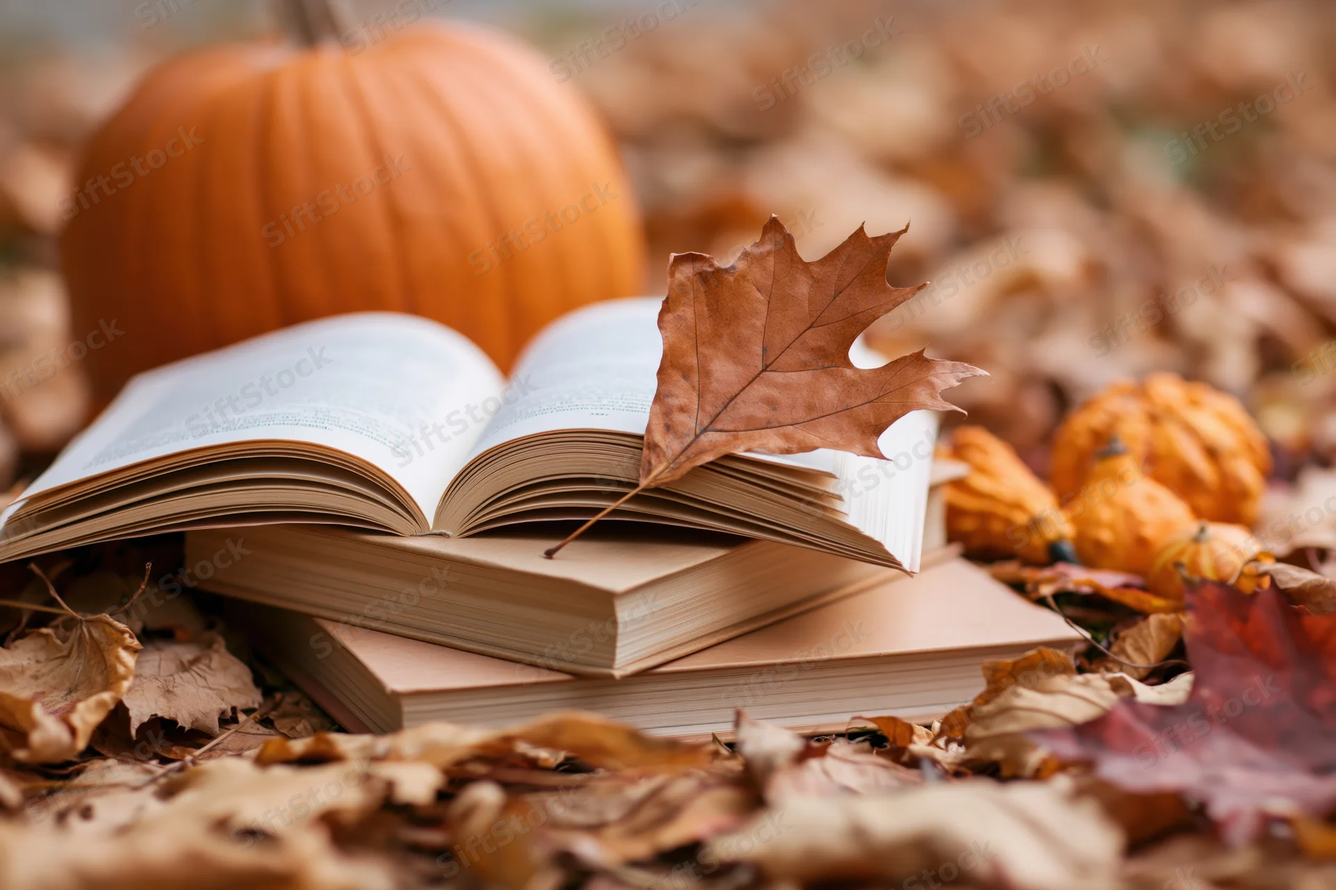 Stack of open and closed books resting among scattered autumn leaves with pumpkins on ground