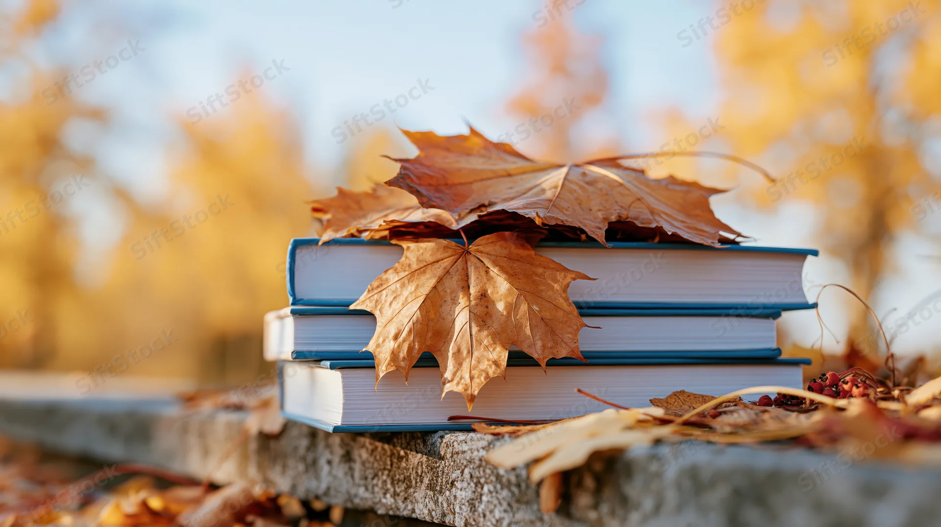 Stack of three books with dried maple leaves on a stone bench outdoors in autumn