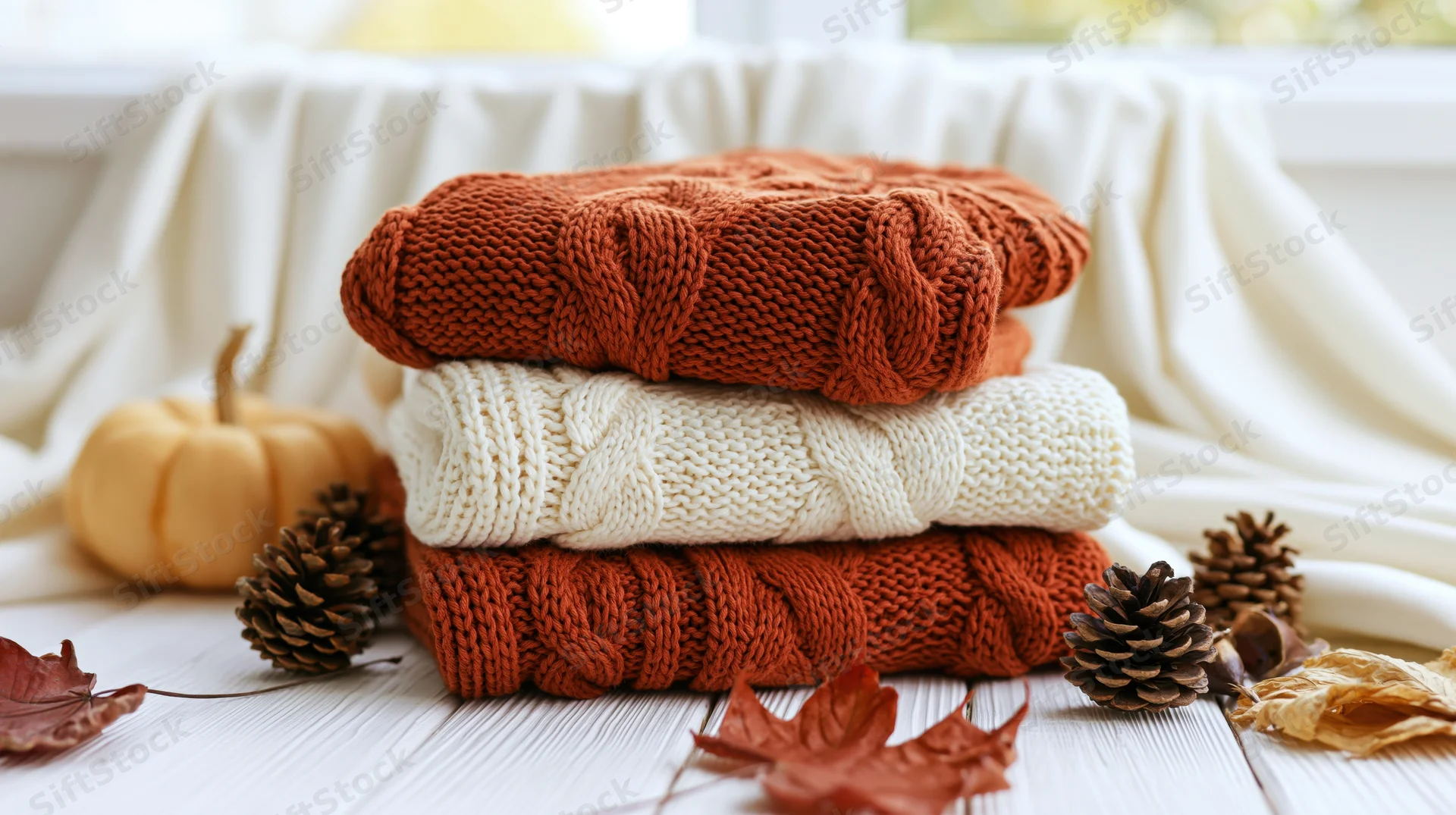 Stack of folded cable-knit sweaters in cream and rust on a white wooden table with autumn decorations
