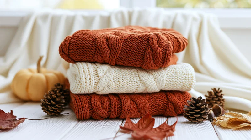 Stack of folded cable-knit sweaters in cream and rust on a white wooden table with autumn decorations