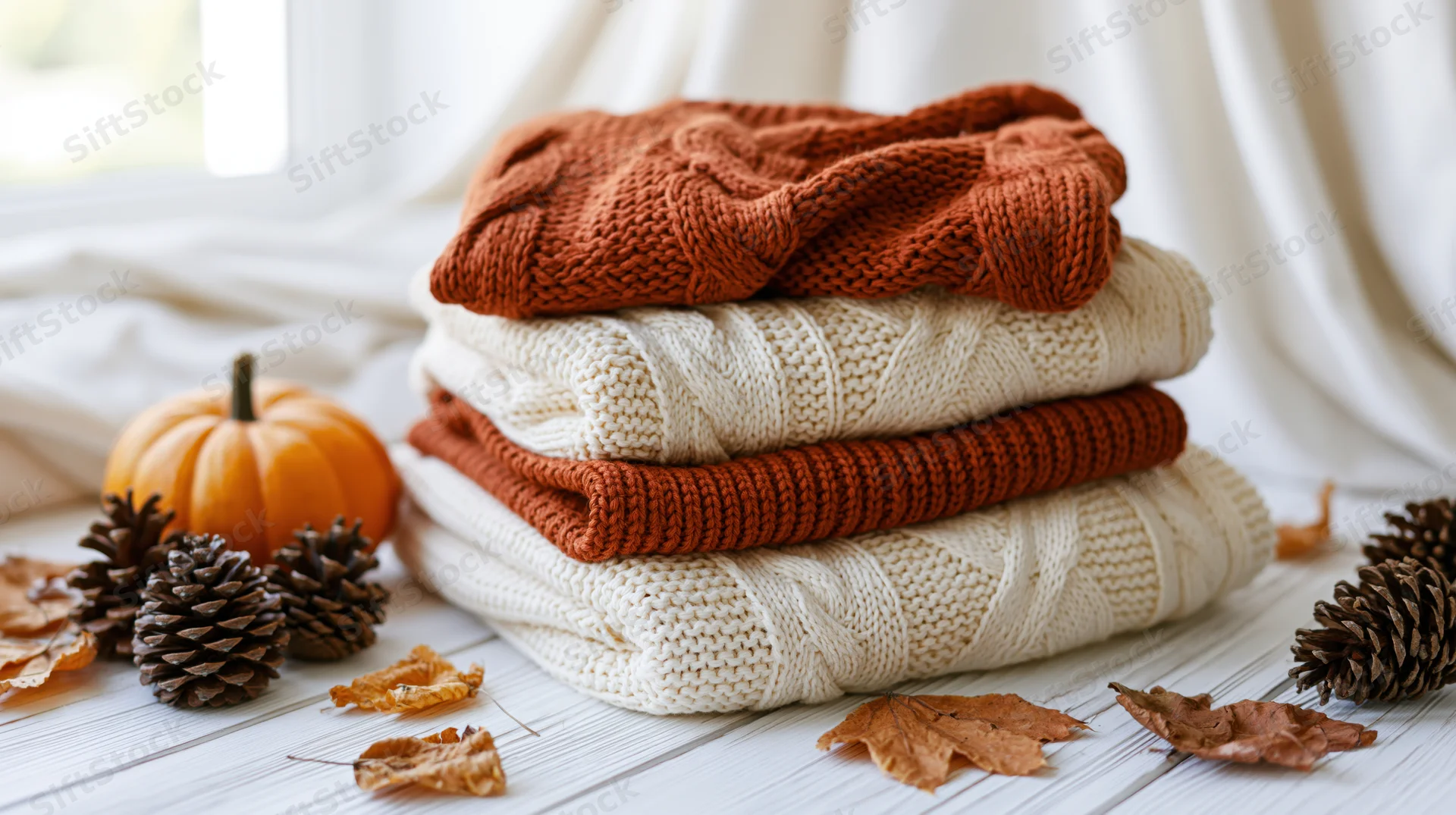 Stack of folded cable-knit sweaters in cream and rust tones on a wooden table with autumn decorations