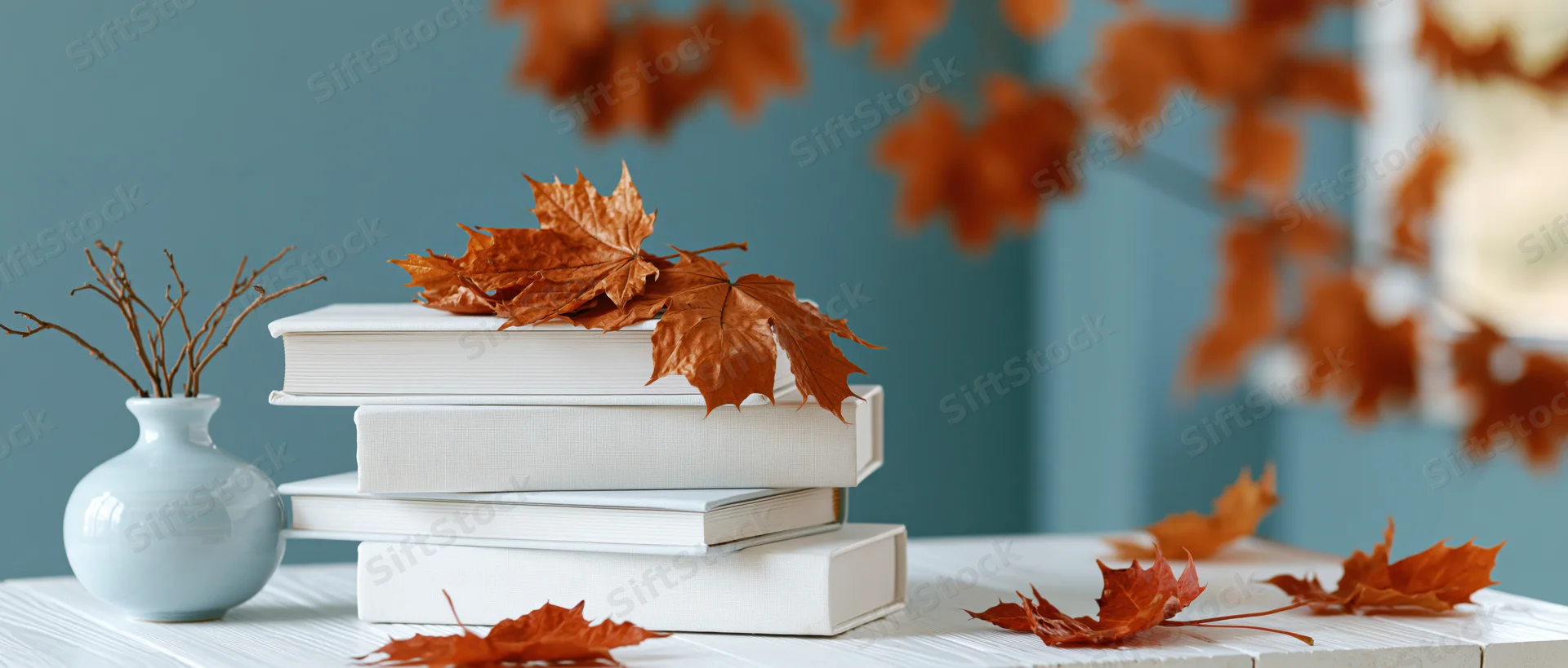Stack of white hardcover books with dried maple leaves on a table beside a ceramic vase with branches