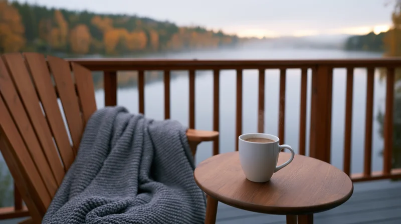 Steaming latte in a white ceramic mug on a small round wooden table beside an adirondack chair with a gray knit blanket on a lakeside deck at sunrise