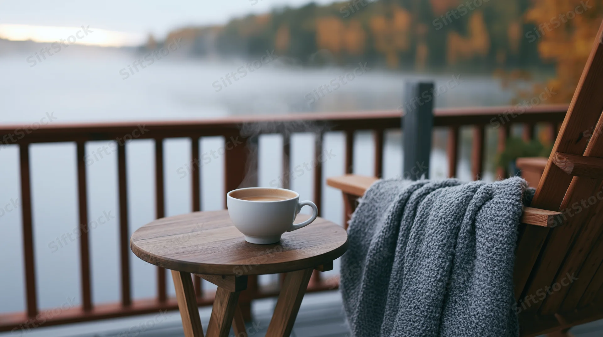 Steaming latte in a white ceramic cup on a small round wooden table on a balcony overlooking a misty lake in autumn