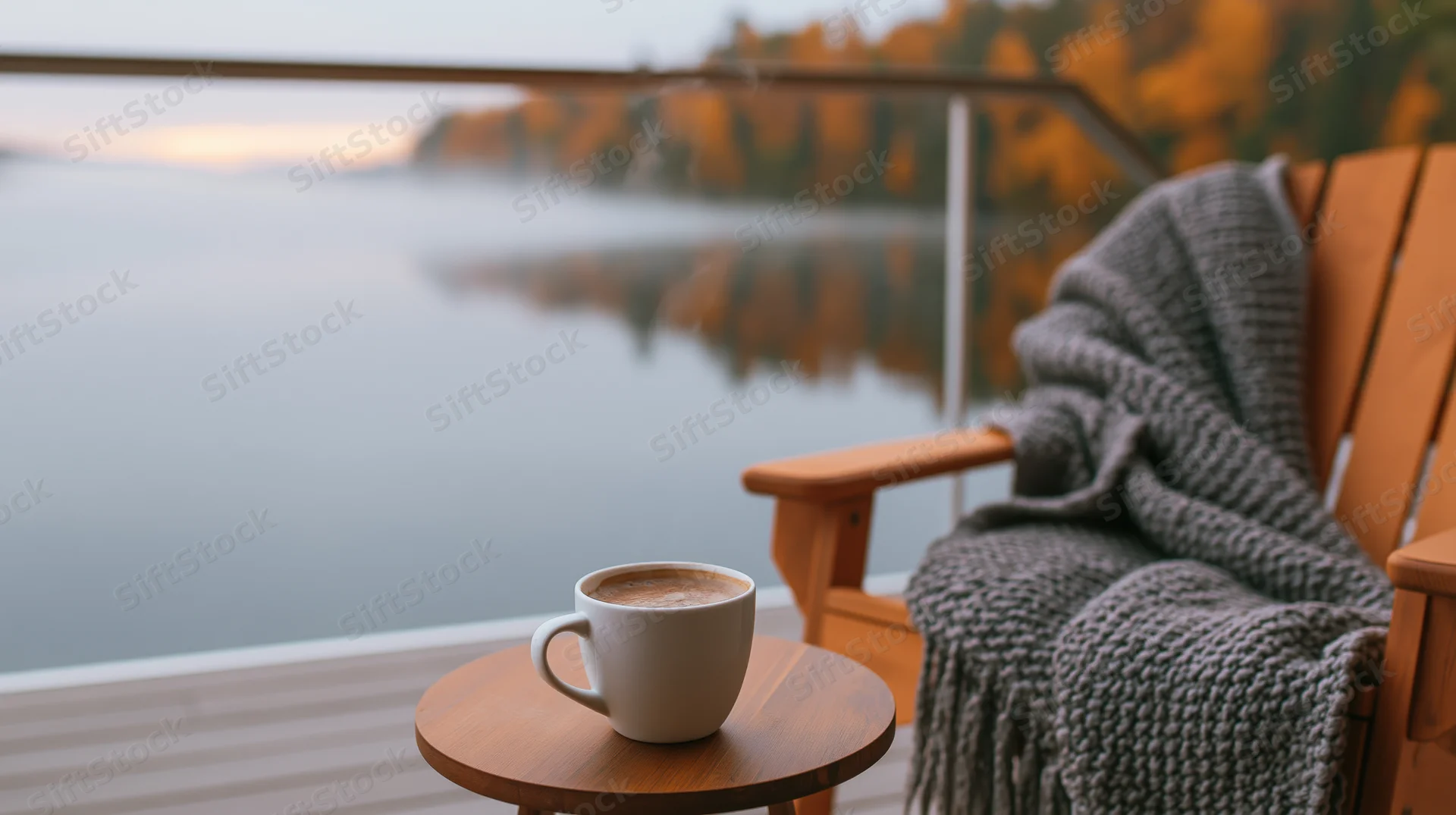 Steaming latte in a white ceramic mug on a small round wooden table beside a cozy wooden chair with a gray knitted blanket on a balcony overlooking a misty lake surrounded by autumn trees at sunrise
