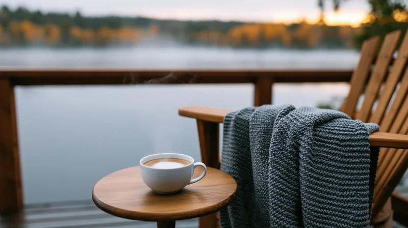 Steaming latte in a white ceramic cup on a small round wooden table beside a chair with a knitted sweater on a lakeside deck at sunset