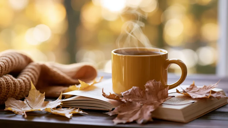 Steaming mustard-yellow coffee mug on open book with autumn leaves by window
